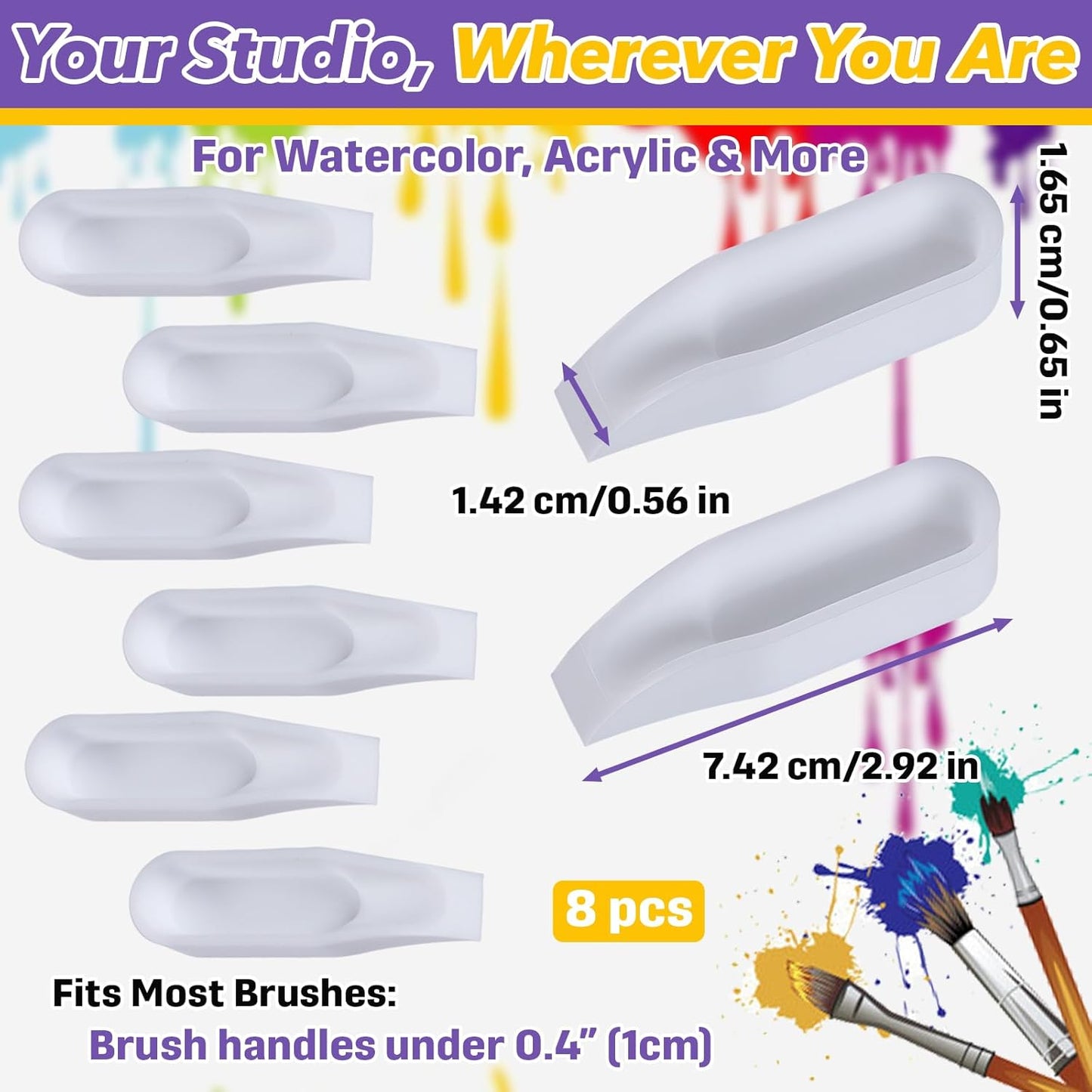 8-Pack White Paint Rest Holder, Silicone Brush Holder with Mixing Tray, Non-Slip Groove Design for Paint Brushes, Artist Watercolor Brush Organizer