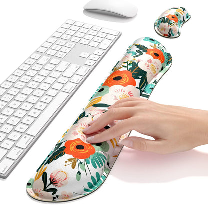 Dapesuom Enlarge Keyboard Wrist Rest, Memory Foam Wrist Cushion for Desk Mat Support, Cute Pain Relief Keyboard Mouse Pad Rests Set with Non-Slip Base for Gaming Laptop Office Computer, Elegant Flower