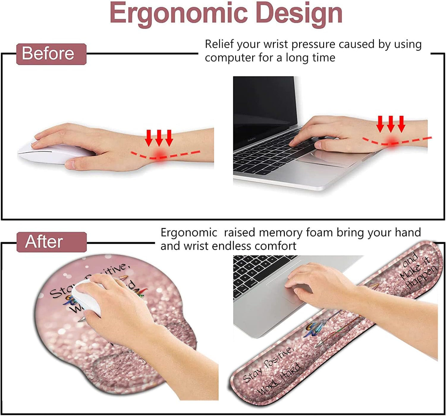 Mouse Pad with Wrist Support, Ergonomic Gel Mouse Pad Beautiful Flowers,Pink Hyacinths on Wood Panel，Non-Slip Durable, Memory Foam Keyboard Wrist Rest, Suitable for Office Typing Games