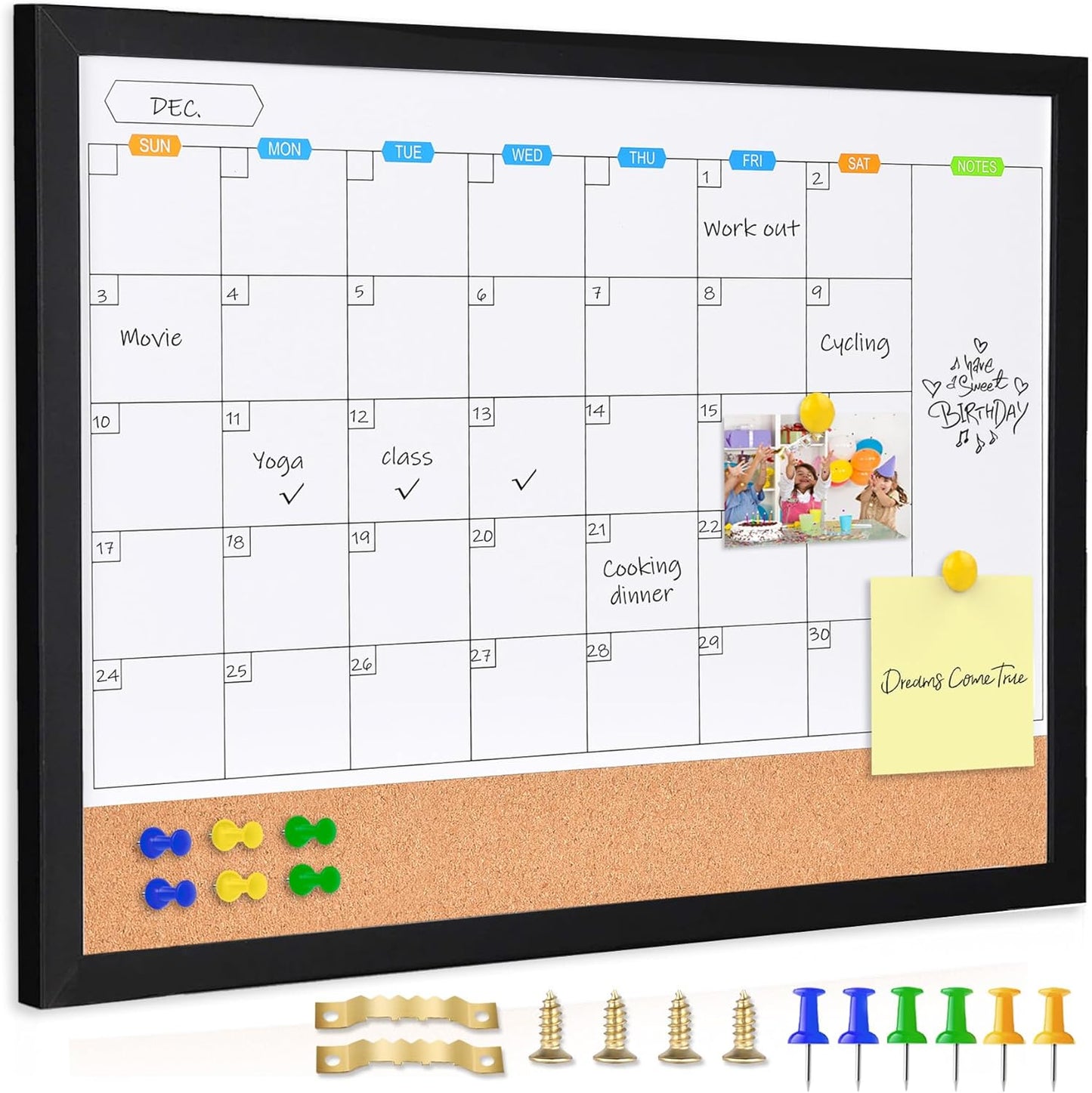 Monthly Whiteboard Calendar with Cork Board for Wall, 17"x13",Magnetic Dry Erase Board with White Wood Framed,2-1 Wall Planner Whiteboard,Bulletin Board with Pins for Home,School,Office