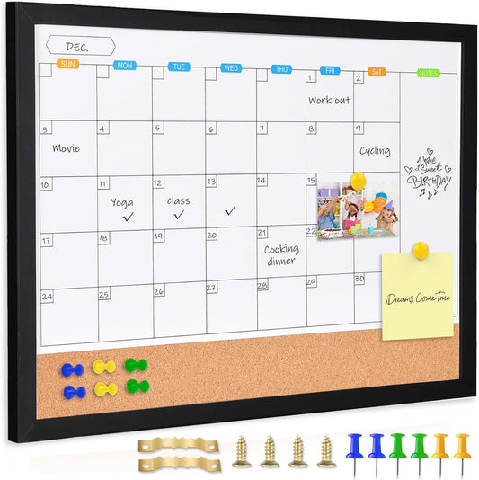 Monthly Whiteboard Calendar with Cork Board for Wall, 17"x13",Magnetic Dry Erase Board with White Wood Framed,2-1 Wall Planner Whiteboard,Bulletin Board with Pins for Home,School,Office