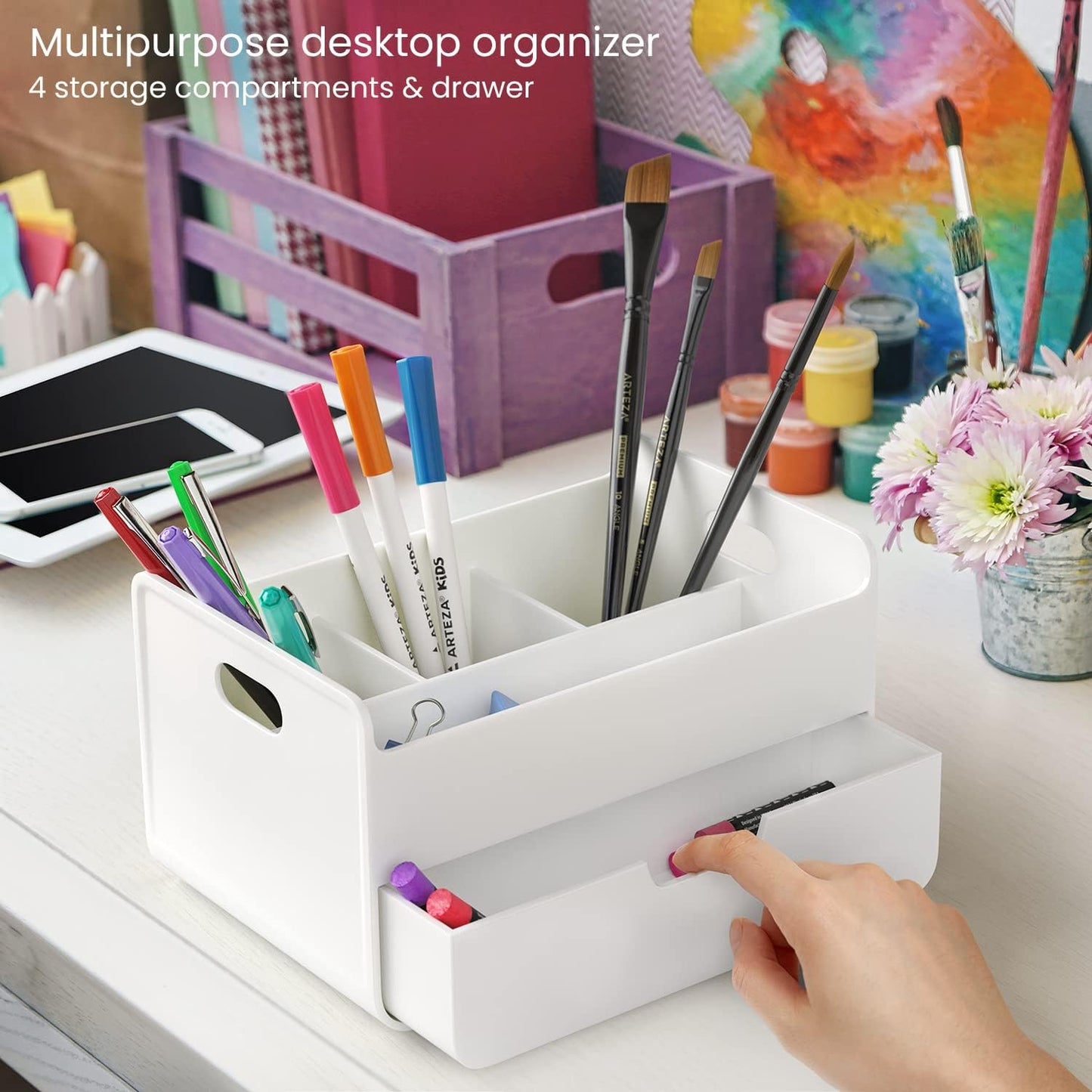 ARTEZA Desktop Pen and Marker Organizer, 6-Compartment White Pen Holder for Desk with Stationery Drawer, Makeup Organizer