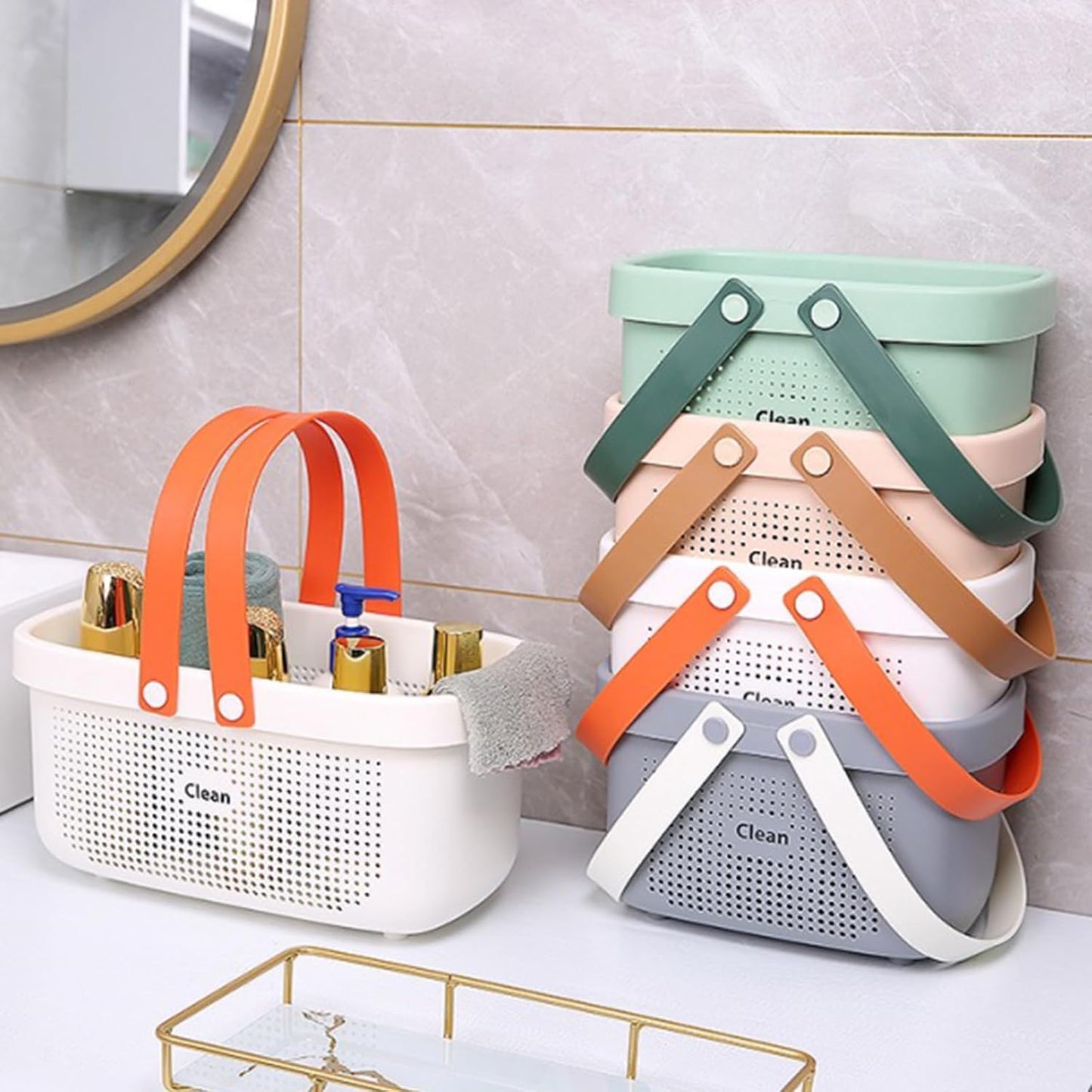 JiatuA Plastic Storage Basket with Handle Portable Shower Caddy Tote Organizer Basket Bin for Bathroom Kitchen Dorm Room Bedroom, Green