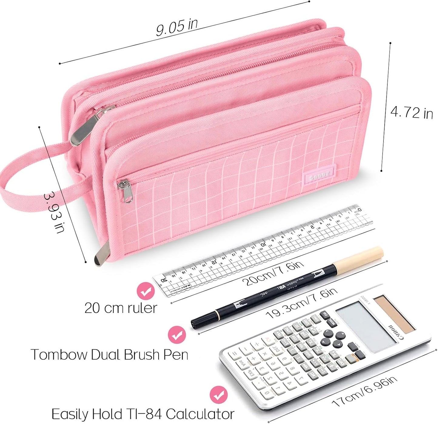 Sooez Large Pencil Case, Big Capacity Pencil Pouch Pen Bag with 3 Compartment, Portable Canvas Stationery Organizer with Zipper, Cute Aesthetic School Supplies for Teen Girls College, Pink with Plaid