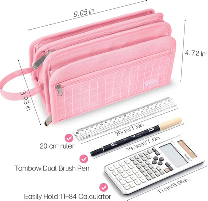 Sooez Large Pencil Case, Big Capacity Pencil Pouch Pen Bag with 3 Compartment, Portable Canvas Stationery Organizer with Zipper, Cute Aesthetic School Supplies for Teen Girls College, Pink with Plaid