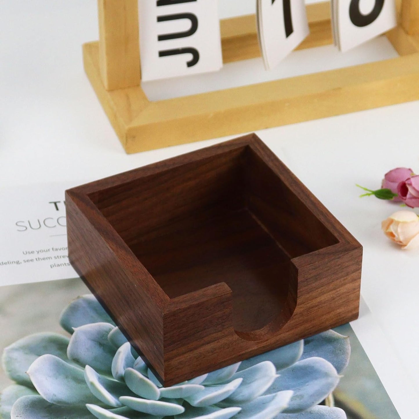 MultiBey Walnut Wood Sticky Notes Holder for Desk, 4x6 Inch Self -Sticky Note Memo Holder, Wooden Sticky Note Dispenser Office Desk Organizer for Dorm Room Office Home School (S)