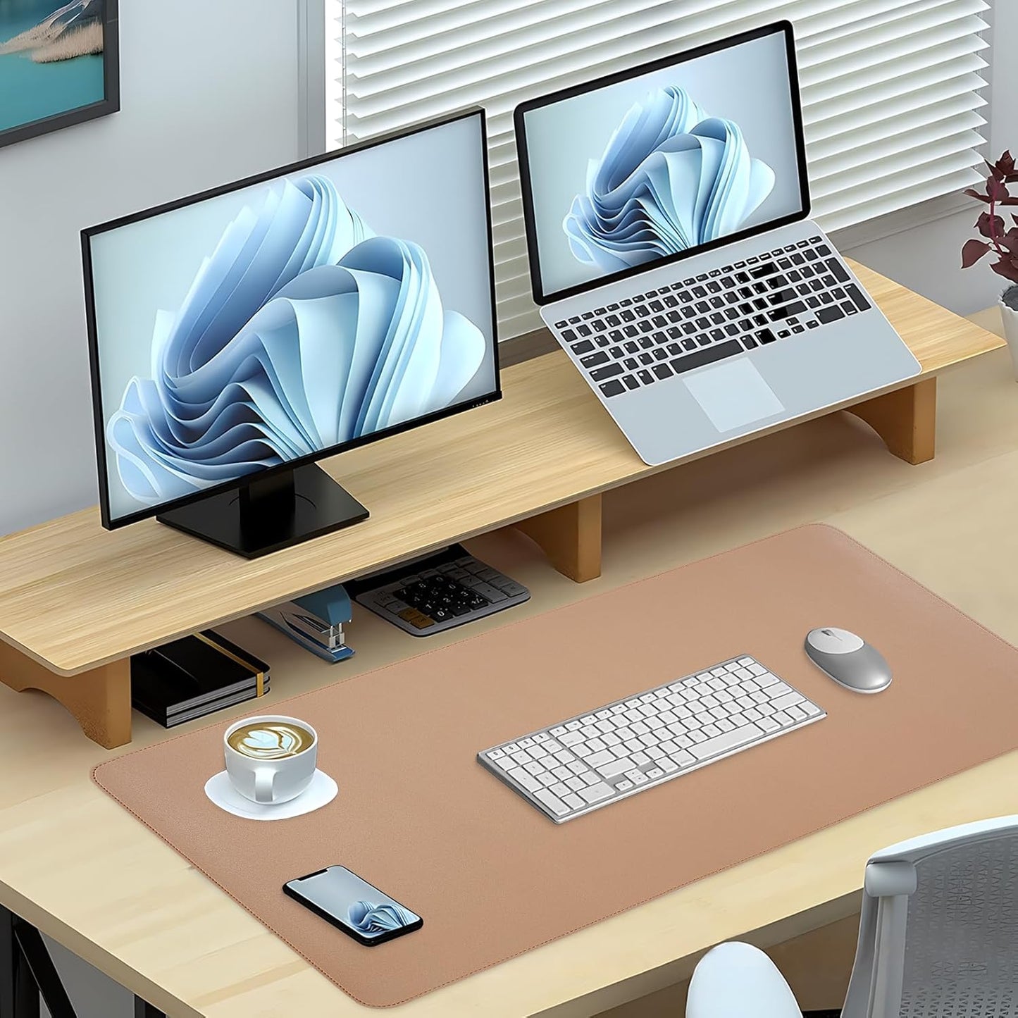 Dual-Sided Desk Pad, Large Mouse Pad - Natural Cork & PU Leather Non-Slip Waterproof Desk Mats for Office and Home (Blue, 31.5" x 15.7")