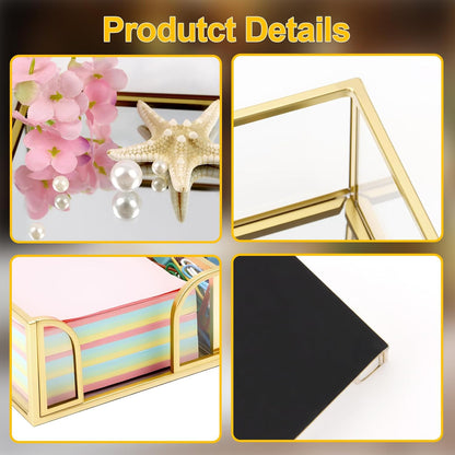 Glass Sticky Note Holder, Gold Post It Note Dispenser for Desk,3 x 3 Inch Post It Note Holder,Stylish Sticky Note Dispenser for Home Office Desk