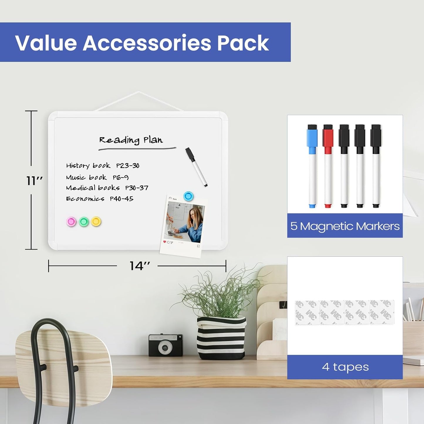 Small Dry Erase Board for Wall, 16" x 12" Double-Sided Hanging Whiteboard, Magnetic White Board with 4 Markers, 4 Magnets and 3 Mini Sticky Notes, Portable Whiteboard for Kids, School, Home, Office