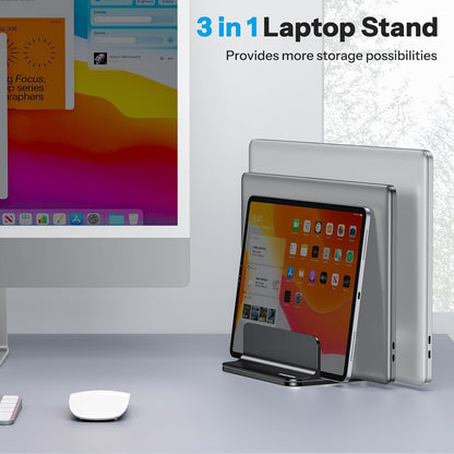 OMOTON Vertical Laptop Stand [Updated Double Version], Desktop Aluminum Mac Book Stand with Adjustable Dock Size, Fits All Mac Book, Surface, Chrome Book and Gaming Laptops (Up to 17.3 inch) (Black)