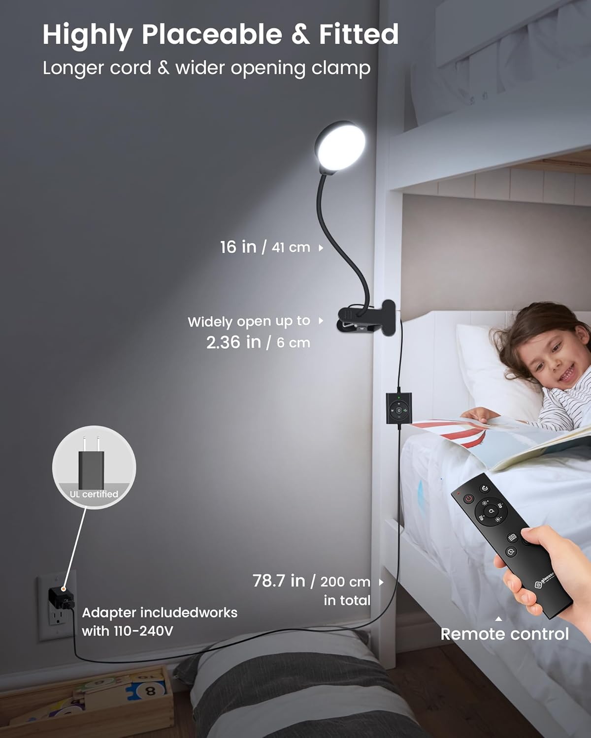 Glocusent 5W Clip on Light, 36LED Eye Caring Reading Light for Bed, 3 Colors & 5 Brightness Clip on Lamp with Adapter, Perfect Reading Light for Bed with Clamp/Bunk Bed/Headboard/Table/Desk