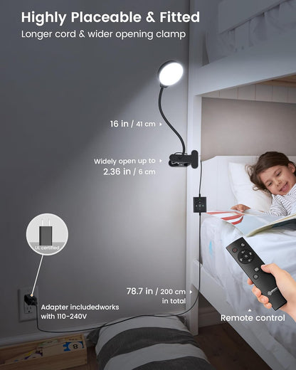 Glocusent 5W Clip on Light, 36LED Eye Caring Reading Light for Bed, 3 Colors & 5 Brightness Clip on Lamp with Adapter, Perfect Reading Light for Bed with Clamp/Bunk Bed/Headboard/Table/Desk