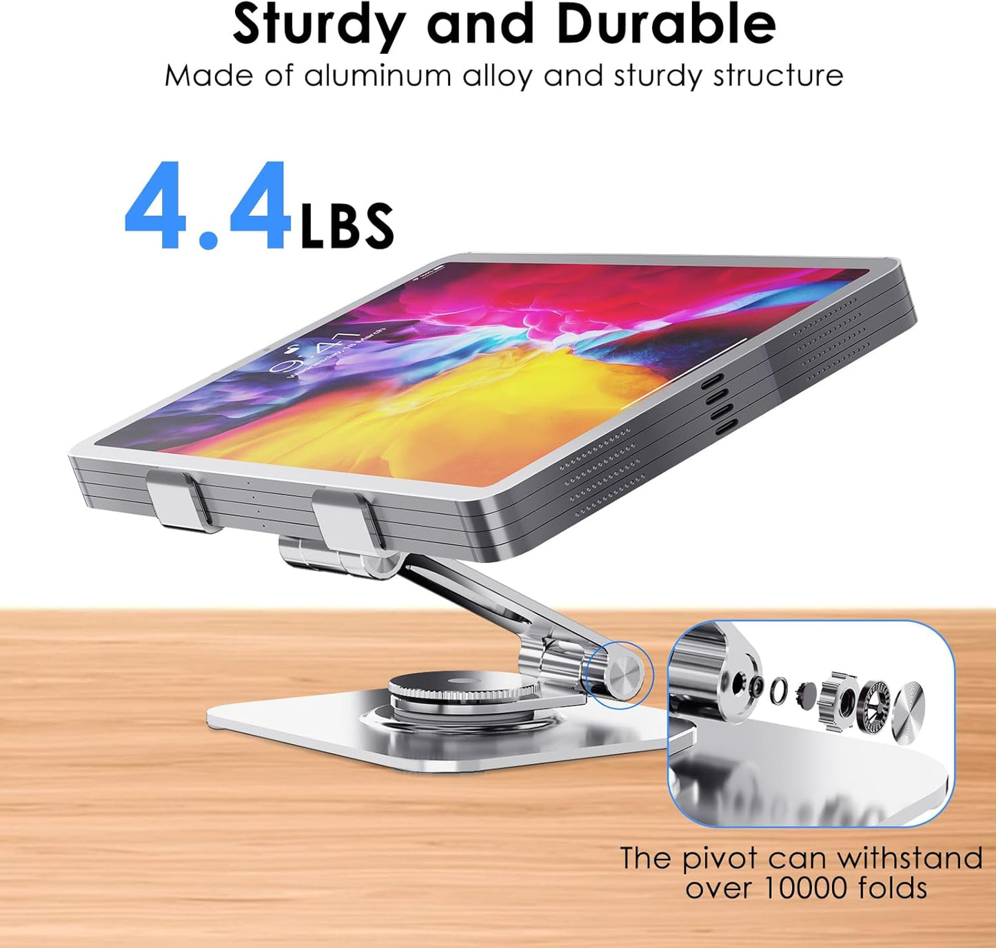 Tablet Stand for Desk, 360° Rotating iPad Stand, Aluminum Adjustable & Foldable iPad Holder, Compatible for iPad Pro Air Mini Surface Pro Samsung Galaxy Tabs Kindle, 4-12.9 inch, Silver