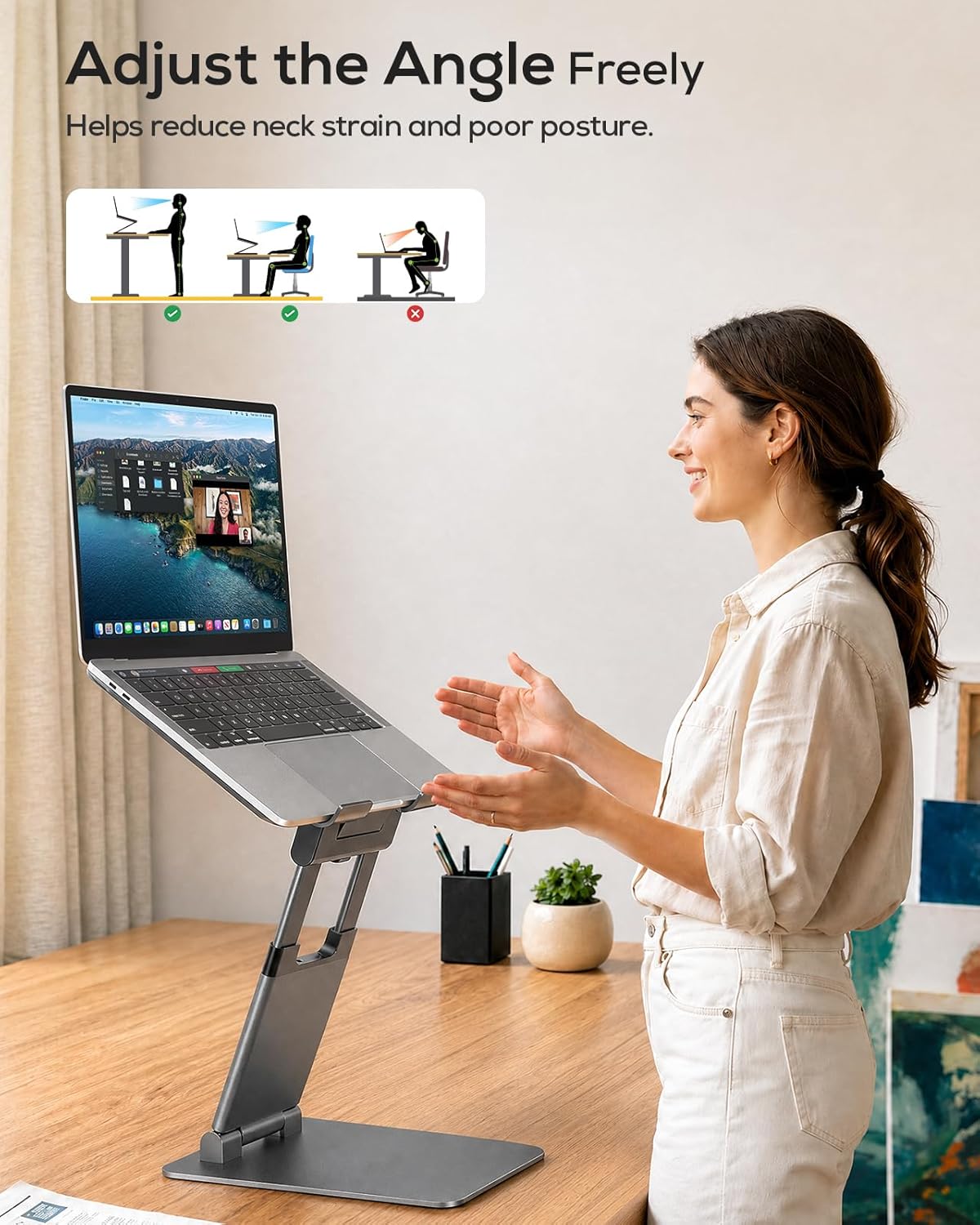 Nulaxy Height Adjustable Laptop Stand for Desk, Dual Foldable Aluminum Computer Riser, Pull Out Design Ergonomic Sit to Notebook Holder Convertor, Compatible with All 10-17" Laptops, Tablets, Gray