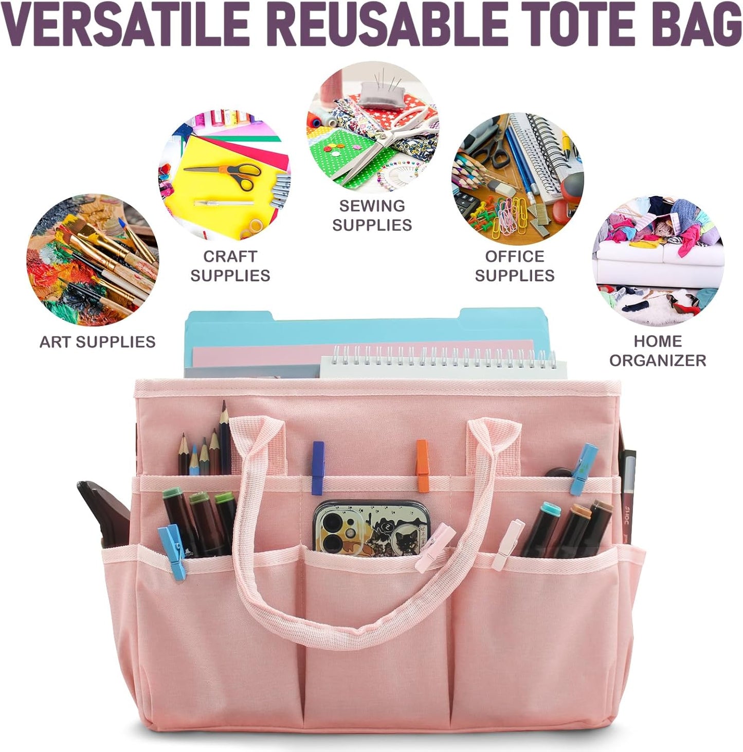 Cupohus Art Organizer Craft Storage Tote Bag with Pockets and Handles, Oxford Fabric Carrying Caddy for Teacher, Officer, Artist, Traveler –Purple