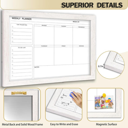 White Board Weekly Calendar Dry Erase Planner for Wall-16"X12",White Solid Wood Frame,Minimal/Modern Design, Magnetic Whiteboard Planner for to Do List, Memo, School, Home, Office, Kitchen