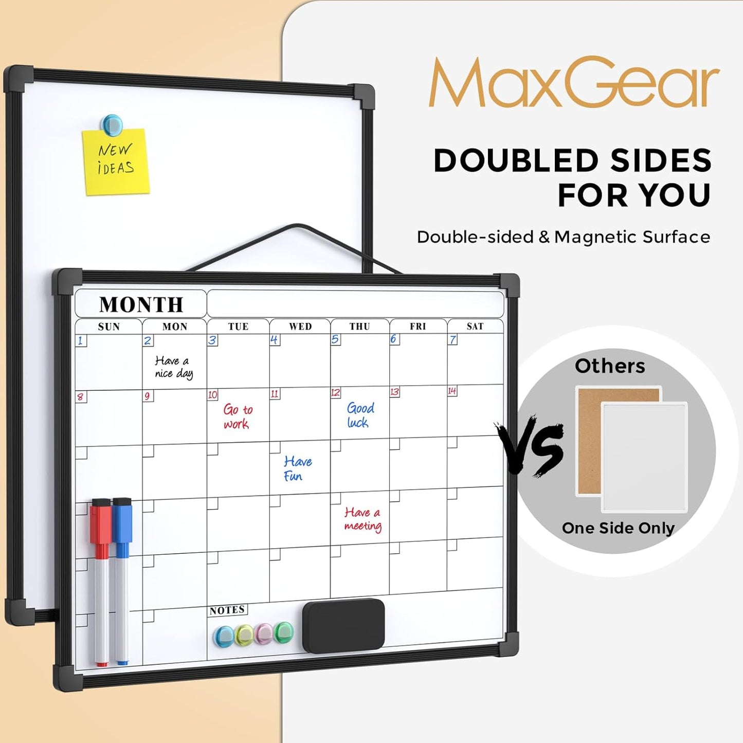MaxGear Monthly Calendar Dry Erase Board for Wall, 16"x12" Small Hanging Double-Sided White Board, Portable Whiteboard for Planning, Drawing, Memo, to Do List, School, Home, Kitchen, Office