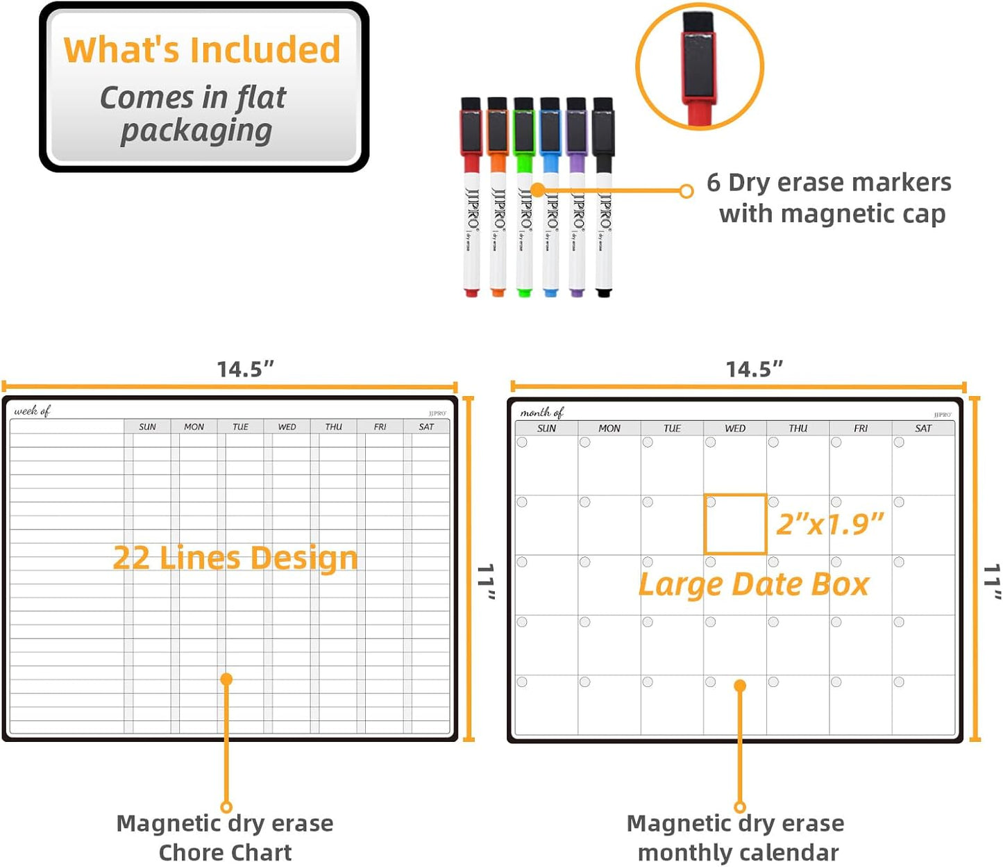 JPRO Magnetic Weekly Calendar and to Do List for Fridge - 8.5" x 6.5" Weekly Meal Planner for Refrigerator and Dry Erase Daily to-Do List -6 Markers Included!