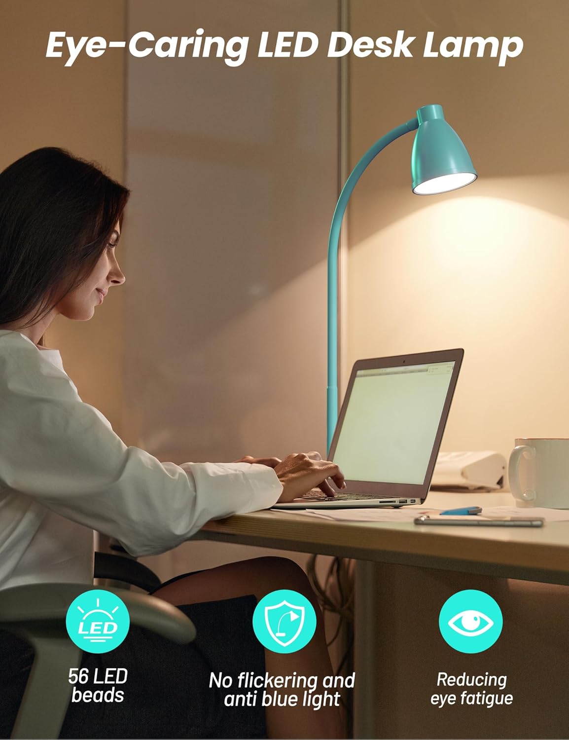 BOHON LED Desk Lamp with USB Charging Port, 3 Color Modes Dimmable Reading Lamp, Auto Dimming Task Lamp, Flexible Neck Table Light for Dorm Bedside, Adapter Include, White