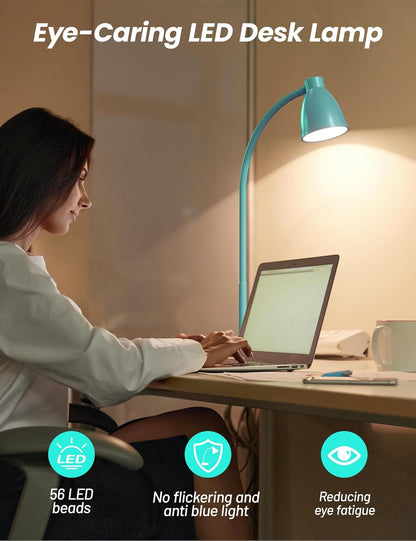 BOHON LED Desk Lamp with USB Charging Port, 3 Color Modes Dimmable Reading Lamp, Auto Dimming Task Lamp, Flexible Neck Table Light for Dorm Bedside, Adapter Include, White