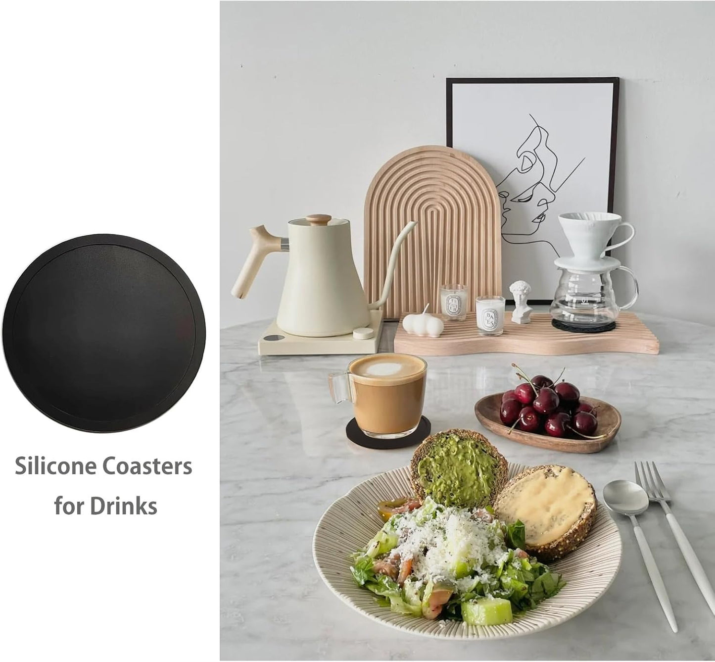 2 Pack Silicone Coasters for Drinks, Round Black Coasters with Grooved Design Cup Mat, Washable Durable Non-Slip Coasters Ideal for Coffee, Cold Drinks in the Kitchen or Bar