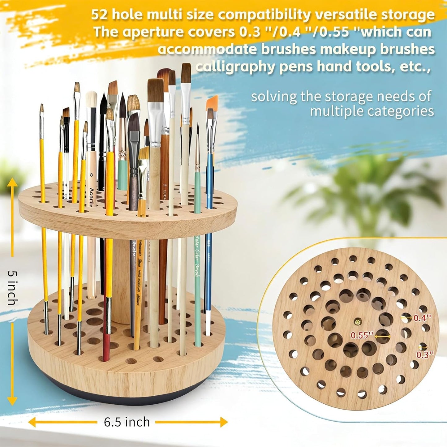 360 Degree Friction-Free Rotating Paint Brush Holder, 52 Multi-Size Hole Natural Hardwood Storage Stand, Space-Saving Desktop Organizer for Artist, Watercolor, Makeup Brushes and Craft Tools (brown)