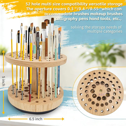360 Degree Friction-Free Rotating Paint Brush Holder, 52 Multi-Size Hole Natural Hardwood Storage Stand, Space-Saving Desktop Organizer for Artist, Watercolor, Makeup Brushes and Craft Tools (brown)