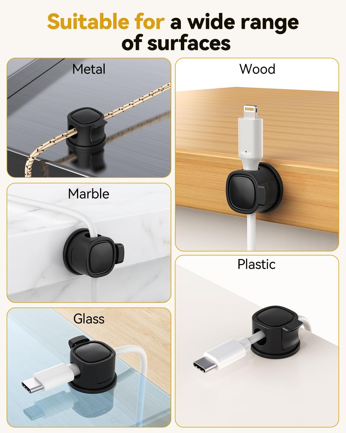 INCHOR Rotatable Cord Organizer 6Pack, Spring Cable Clips With Clasp Lock, No-Residue Adhesive Cable Organizer, Cord Holder for Nightstand Car Home Office (Black)
