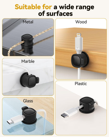 INCHOR Rotatable Cord Organizer 6Pack, Spring Cable Clips With Clasp Lock, No-Residue Adhesive Cable Organizer, Cord Holder for Nightstand Car Home Office (Black)