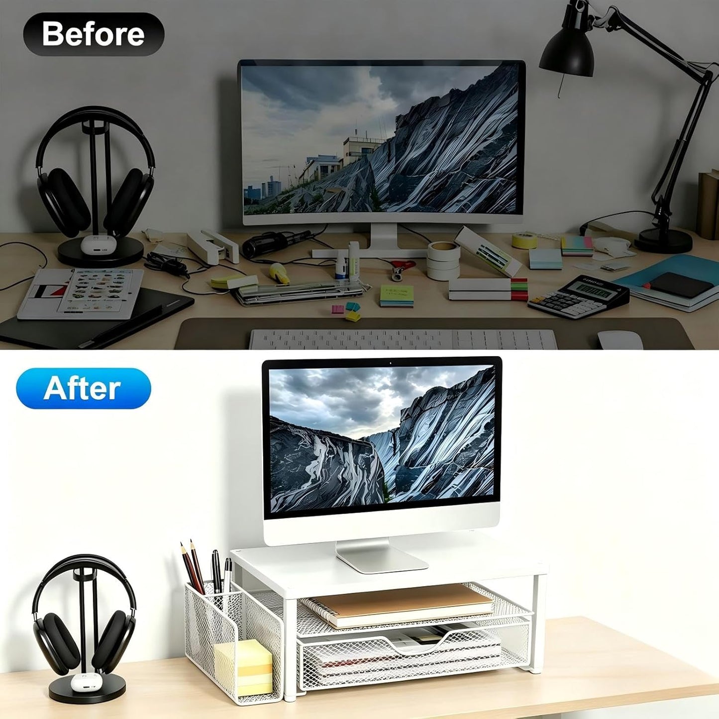 Spacrea Desk Organizer and Accessories, Computer Monitor Stand Riser with Drawer and 2 Pen Holders, Office Desk Accessories & Workspace Organizers for Office Supplies (Wood)