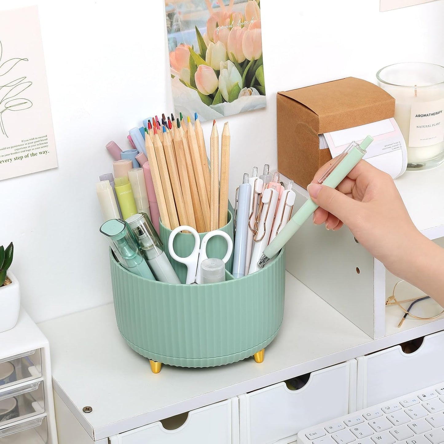 SKYDUE 360 Rotating Plastic Desk Pen Organizer with 5 Slots, Dual-Purpose Art Supply Pencil Cup for Office, School, Home