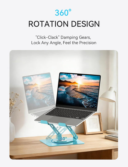 SOUNDANCE 360 Rotating Laptop Stand, Ergonomic Computer Riser for Desk, Adjustable Height Multi-Angle Metal Holder, Foldable Portable Notebook Elevating Base for Office & Home, White