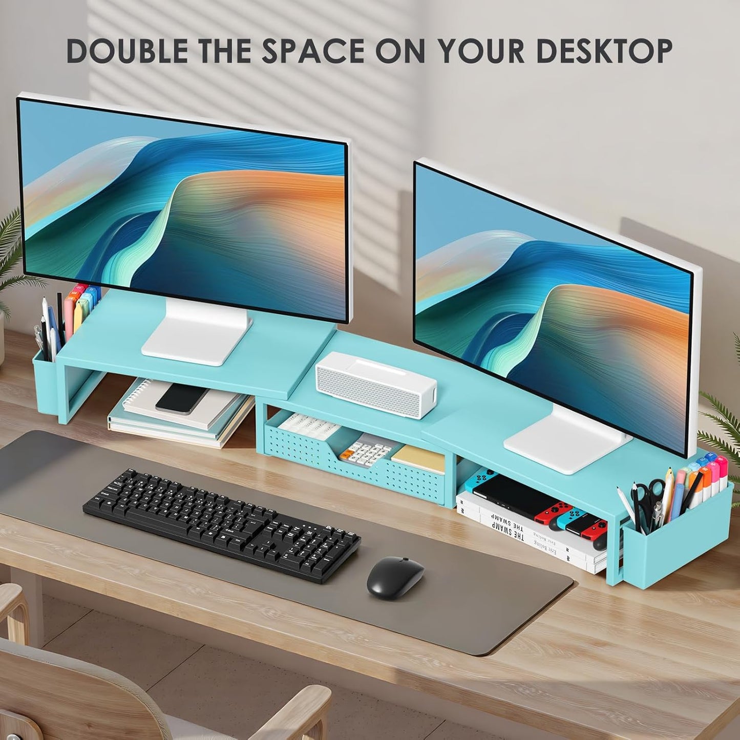OPNICE Desk Organizers and Accessories, Dual Monitor Stand Riser with Drawer and 2 Pen Holders, Desk Shelf Wood Computer Racks for Office Workspace Organizers, Desktop Organization (Rustic Brown)