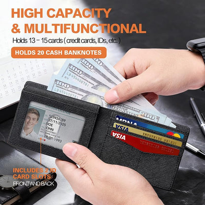Wallet for Men Slim RFID Blocking Bifold Carbon Fiber,Minimalist Small Compact Front Pocket Credit Card Holder,Thin Mens Leather Wallets Smart Security With 2 ID Windows 1 Cash,Birthday Gifts for Men