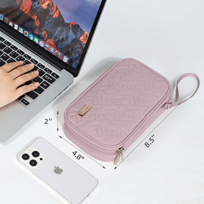 NISHEL Travel Cord Organizer Case, Double Layers Tech Electronic Bag, Essentials for Charger, Cable, Phone, Flash drive, Medium, Pink