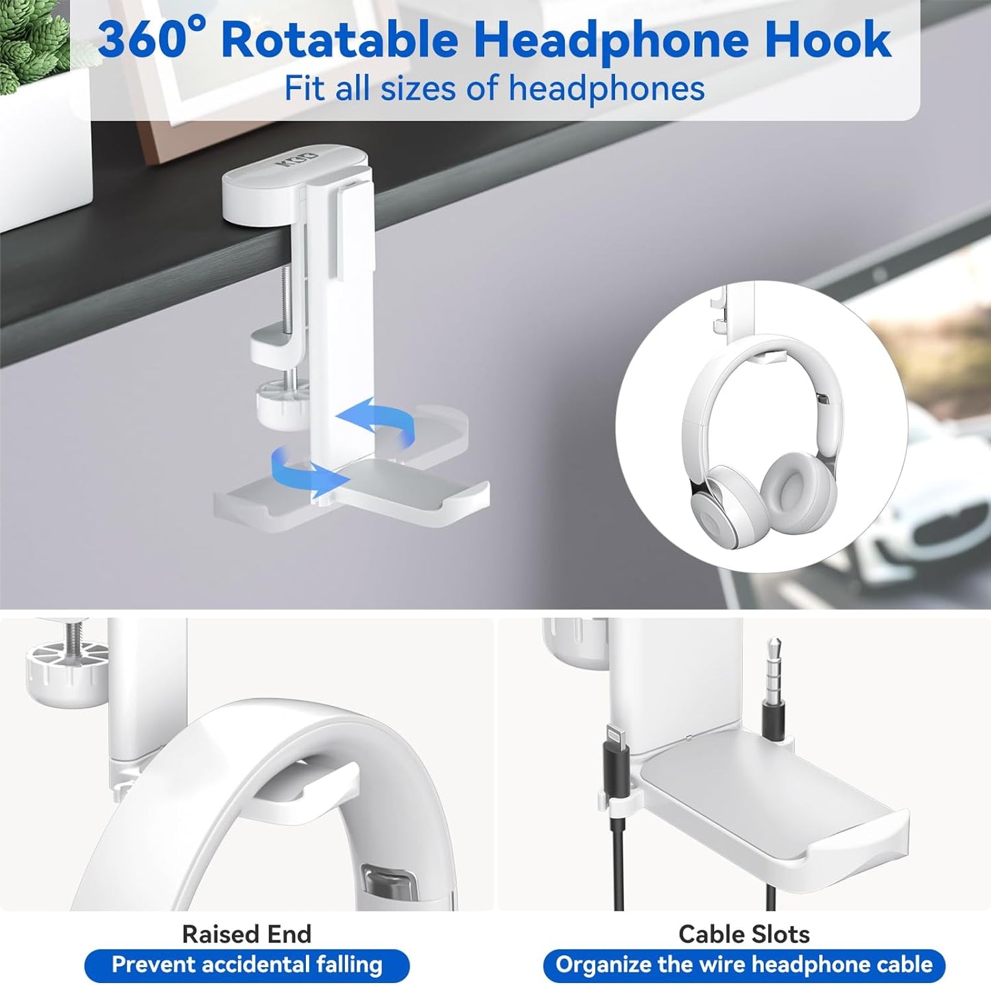 KDD 4 in 1 Desk Cup Holder - Clamp on Under Desk Headphone Hanger - Rotating Headphone Holder Detachable Pen Cup Holder Desktop Storage for Cup, Phone and Pen(Black)