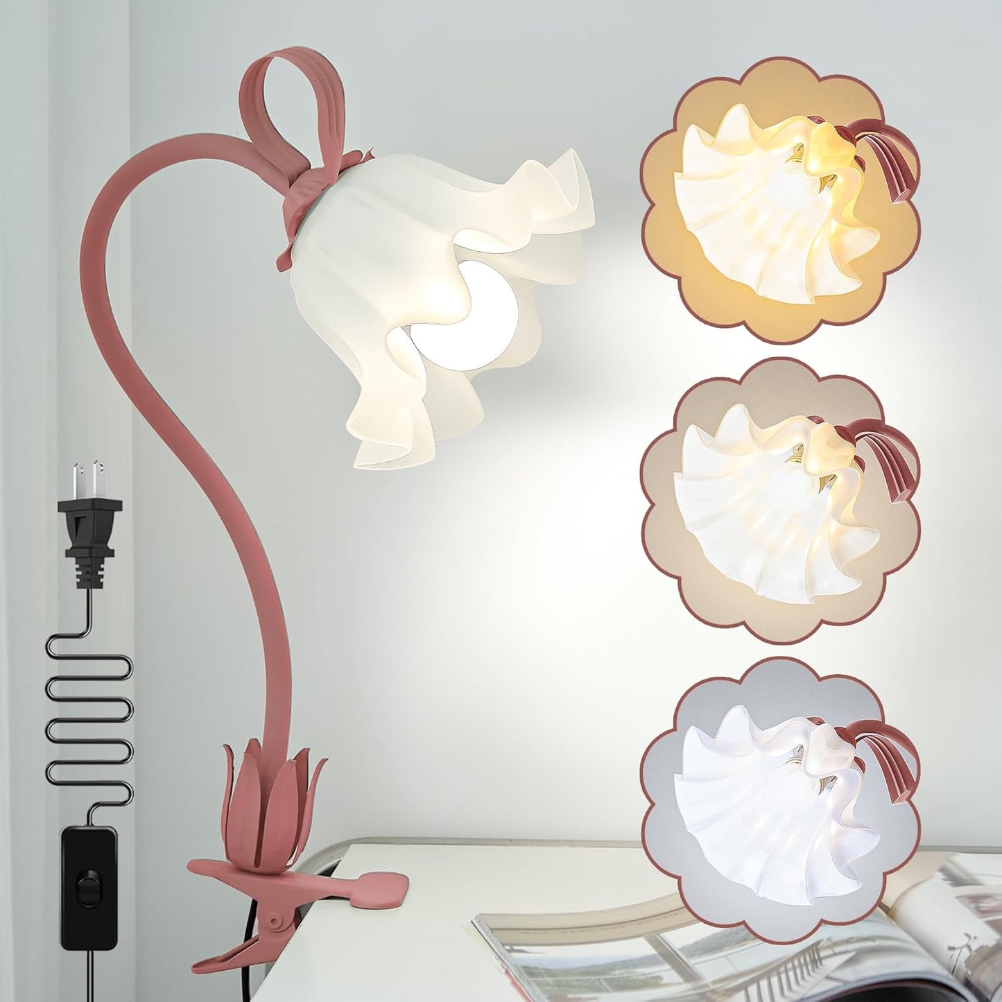 Clip on Light Flower Desk Lamp, LED Reading Light 3 Color Modes Eye-Caring Book Light Flexible Gooseneck Bedside Clip on Lamp for Desk Piano Office Bed Headboard Dorm (Green Lamp)