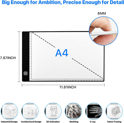 A4 LED Light Box for Tracing and Drawing - Ultra Thin Adjustable Light Table, USB Trace Light UP Pad Screen, Small Copy Board Tracer for Kids Artists, Sketching, Stenciling, and Art Crafting.