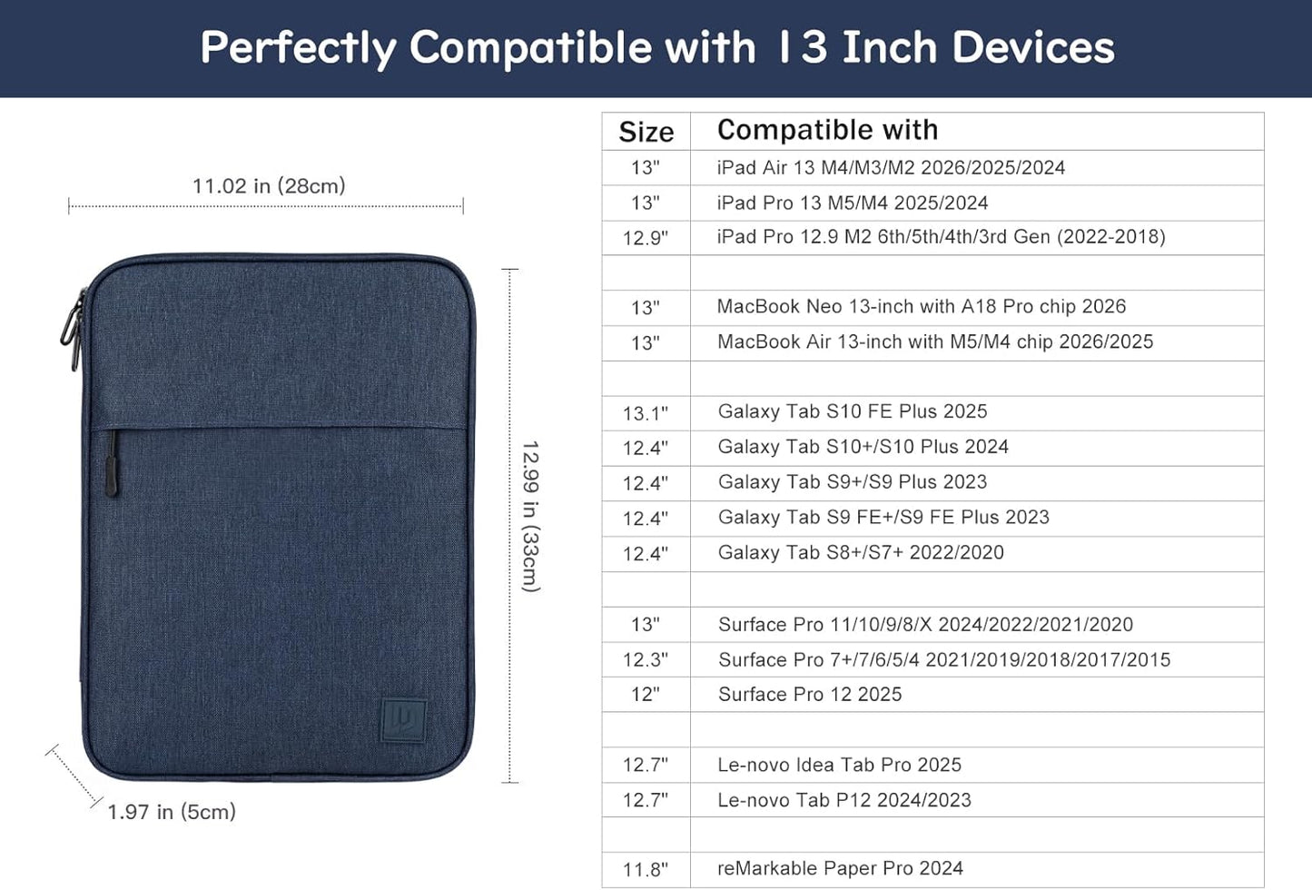 Dadanism 9-11 Inch Tablet Sleeve Padded Carrying Case for iPad (A16) 11th Gen 11", iPad 10th Gen 10.9", iPad Air M4/Pro M5 11", iPad Air 5/4, iPad 9/8/7th Gen, Galaxy Tab A11+ Plus 11", Blue