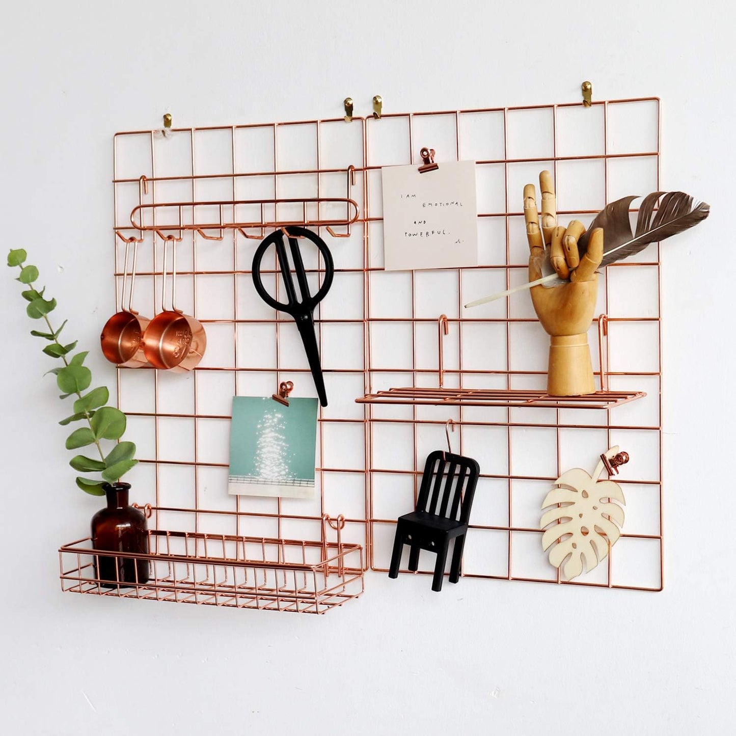 Wall Grid Panel for Photo Display,Wall Storage Organizer,5 Metal Clips & 3 S Hooks & 4 Nails & 4 Plastic Hanging Buckles and 4 Screws Offered,Size 17.5" x 11.8",2 Pack(Gold)