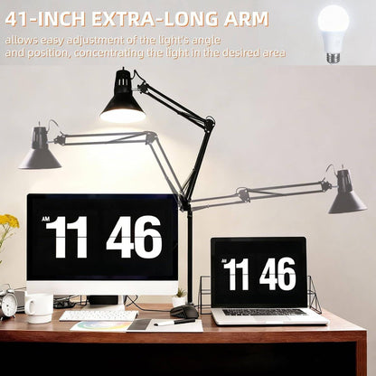 Desk Lamp With Clamp for Home Office, Eye-Caring Clip on Light with Adjustable Extra Tall Metal Swing Arm, High Intensity Clamp Lamp w/LED Bulb, Architect Task Table Lamps for Study, Workbench-B/5000k
