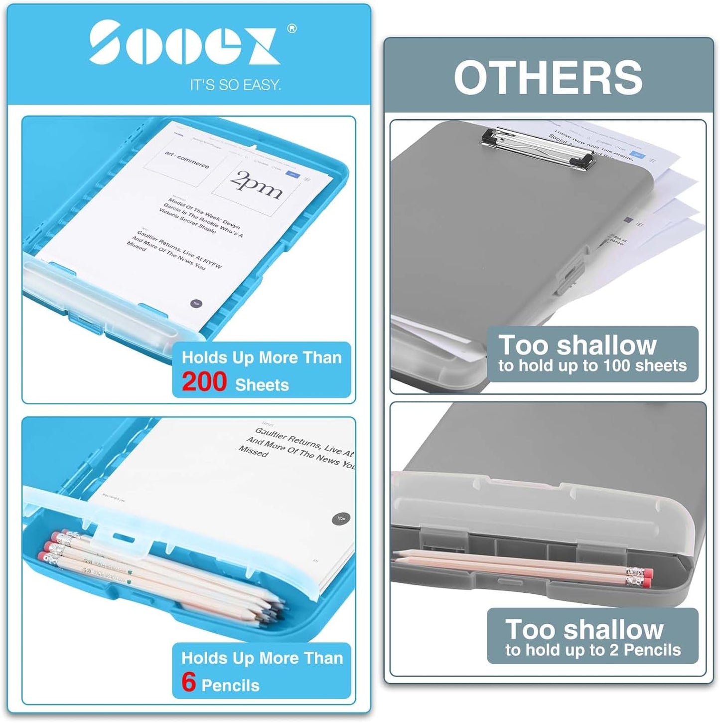 Sooez Clipboard with Storage, Clip Board 8.5 x 11 with Pen Holder, Plastic Organization Case Box for Letter Legal A4 Size Paper, Low Profile Clip, Nurses Teachers Must Haves, School & Office Supplies