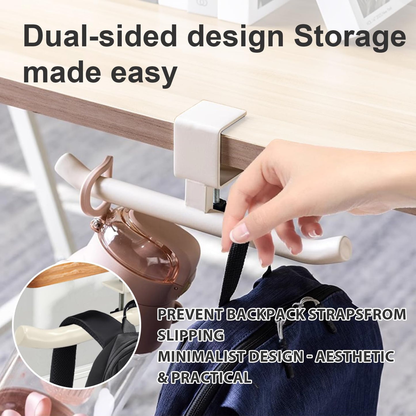 Desktop Backpack Hook - Durable and portable under-desk hook, space-saving backpack storage rack, suitable for offices/classrooms/dormitories, no drilling required for installation (white) - 1 piece