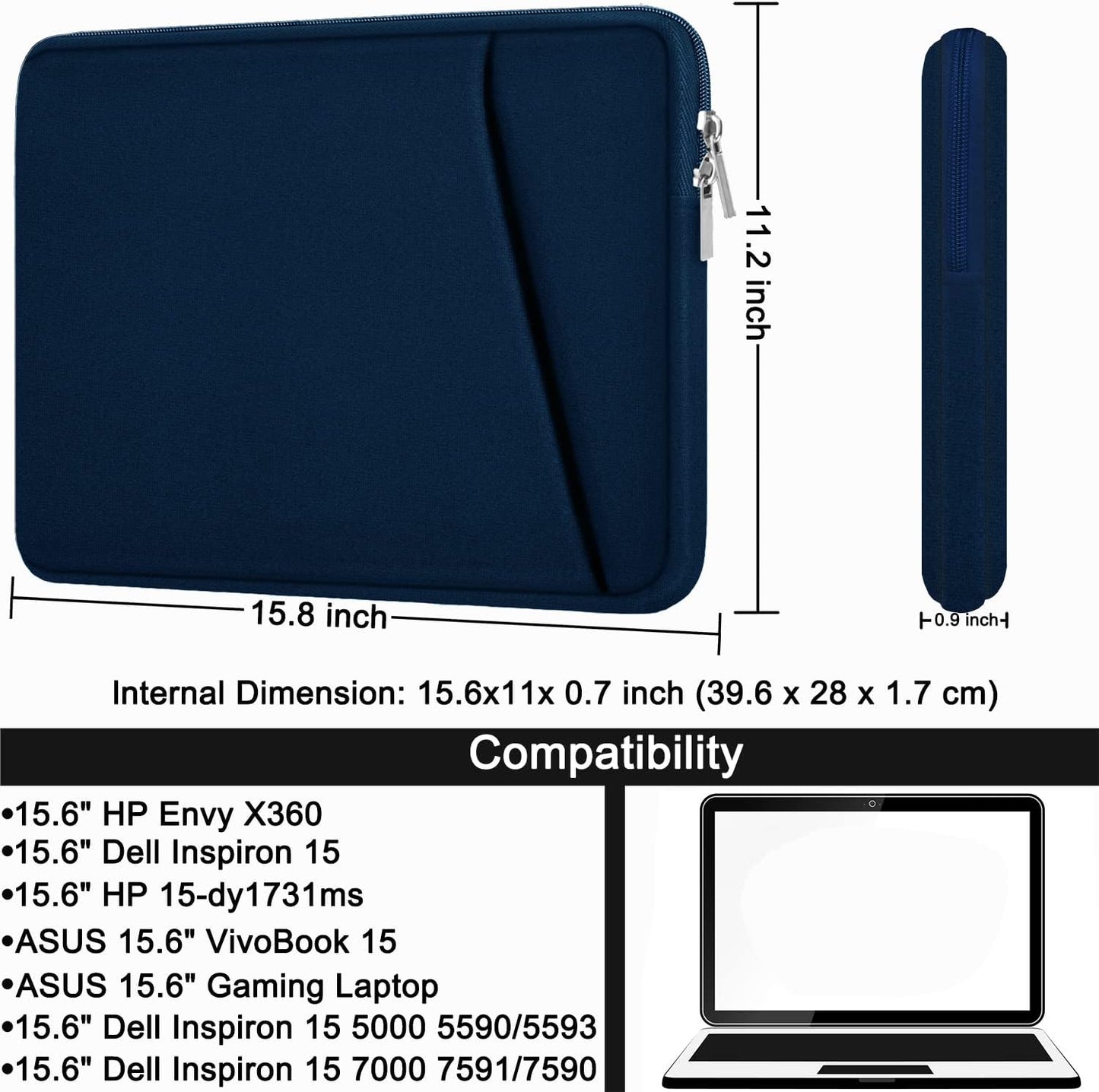 Laptop Sleeve, Durable Briefcase Shockproof Protective Case, Handbags Portable Laptop Bag for 15.6 inch HP Dell Asus Lenovo Notebook Computer with Front Pocket, Black