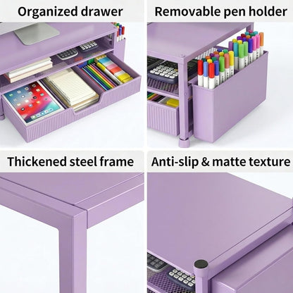 ECOLOVI Desk Organizer and Accessories, 2-Tier Computer Monitor Stand Rise with Storage Drawer & 2 Pen Holders, Laptop & Printer Stand for Desktop, Workspace Organizers for Office Supplies (Brown)