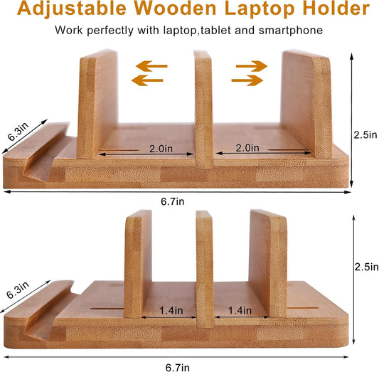 Vertical Laptop Stand for Desk Dual Slot 1.4-2in Width Adjustable Dock for MacBook Pro and Other Laptops,Bamboo Stand for Desk,MacBook Air Pro/Dell XPS/Surface pro/HP/Pixelbook/Lenovo,More Laptops