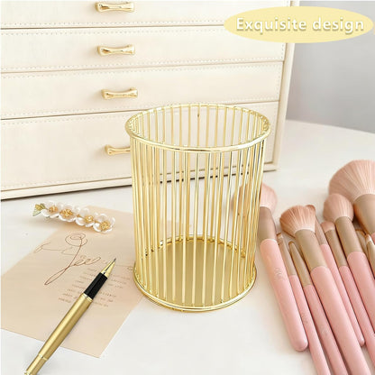 Gold Metal Pen Holder for Desk - Heavy Duty Makeup Brush Organizer Cup with, Pencil Holder for Office & Home, Storage for Stationery/Cosmetics/Art Supplies, Matte Finish, 4.8 Inch (Round)