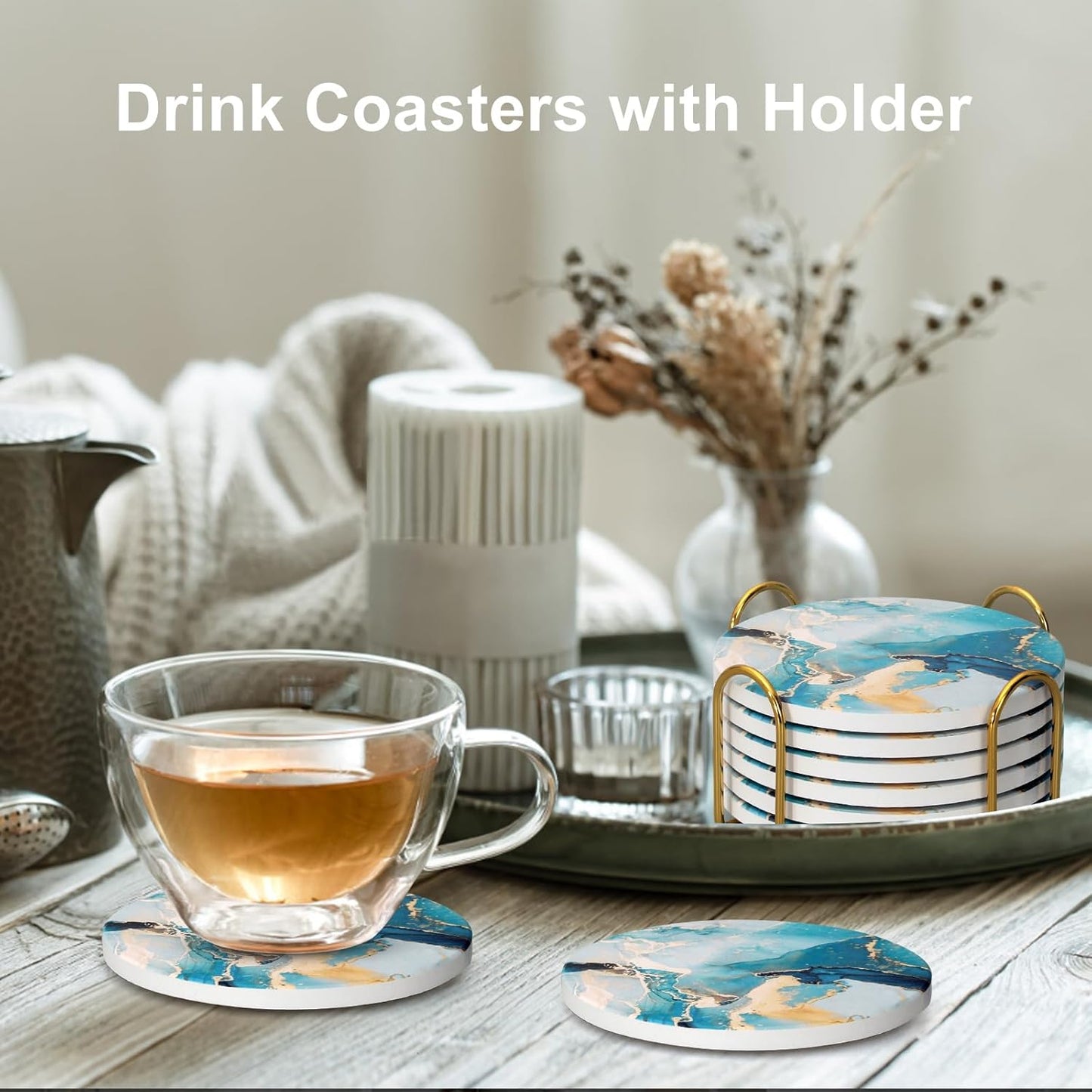 Coasters Set of 6, Navy Blue Marble Abstract Round Ceramic Coasters with Holder, Best Absorbent Drink Coaster Set, Coffee Table Decor for Home Decor House Warming Gifts New Home