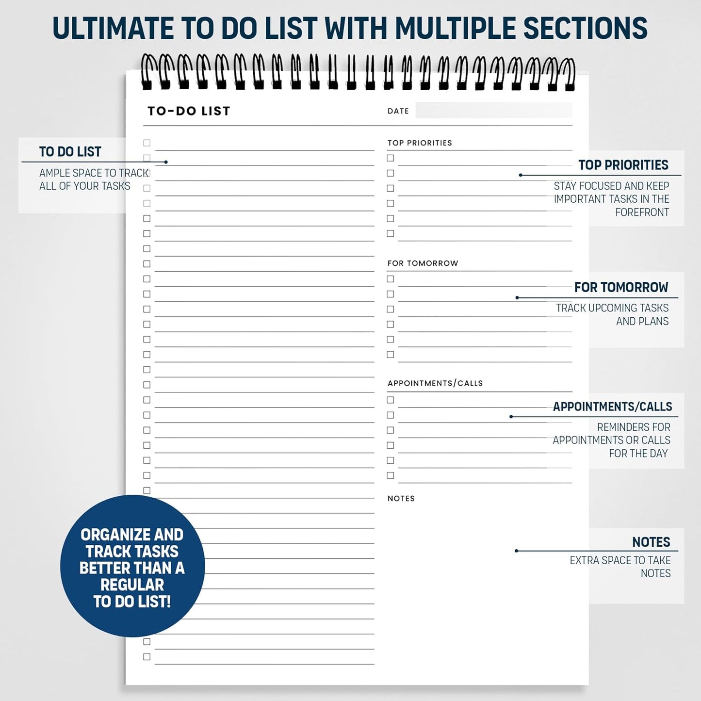 To Do List Notepad: With Multiple Functional Sections - Large Size 8.5x11" 52 Sheets - Tear Off Daily Planner Notebook - Task CheckList Organizer Agenda Pad for Work - Note, Plans, Goals, Grocery, and