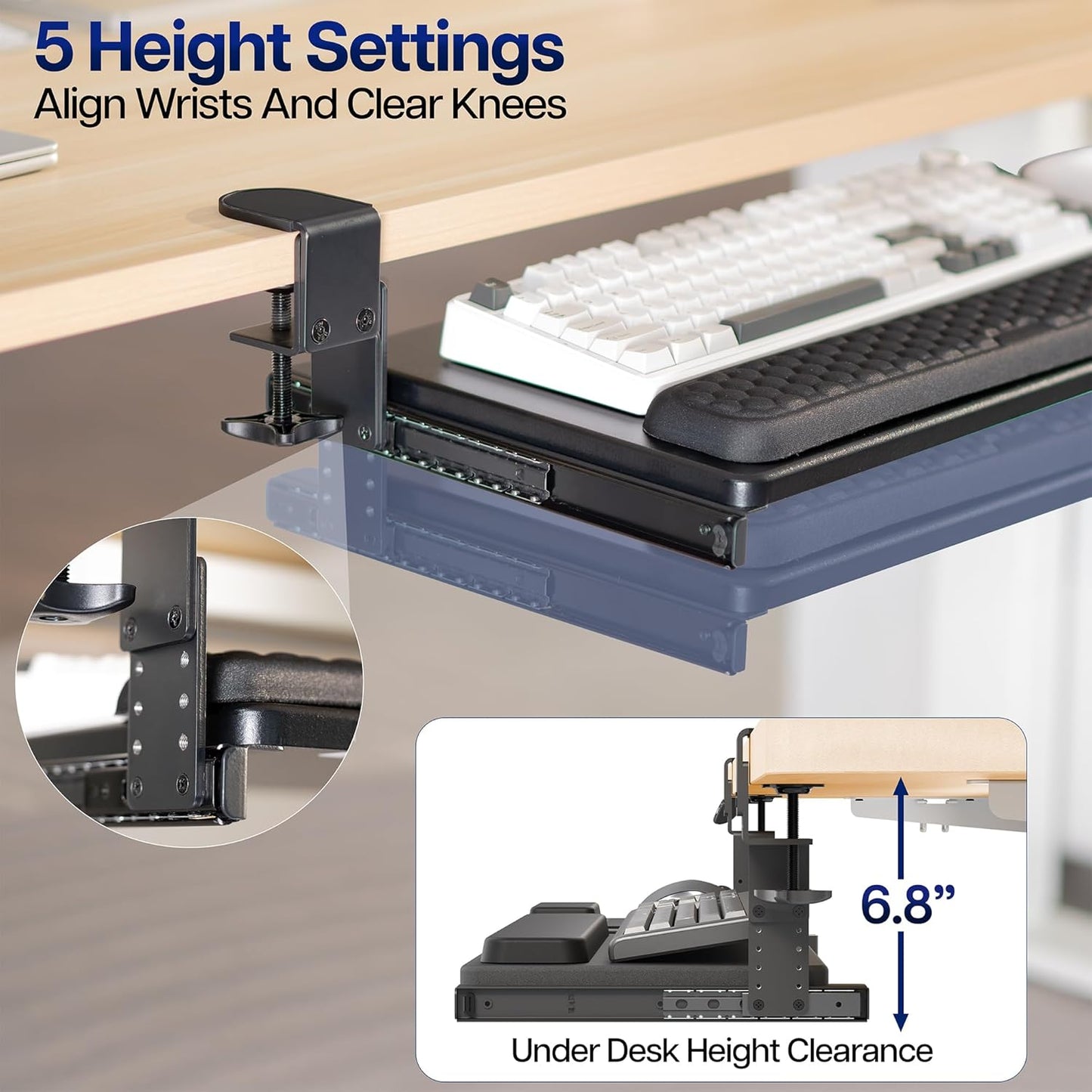 VIVO Large Height Adjustable Under Desk Keyboard Tray, C-clamp Mount System, 27 (33 Including Clamps) x 11 inch Slide-Out Platform for Typing, White, MOUNT-KB05HW